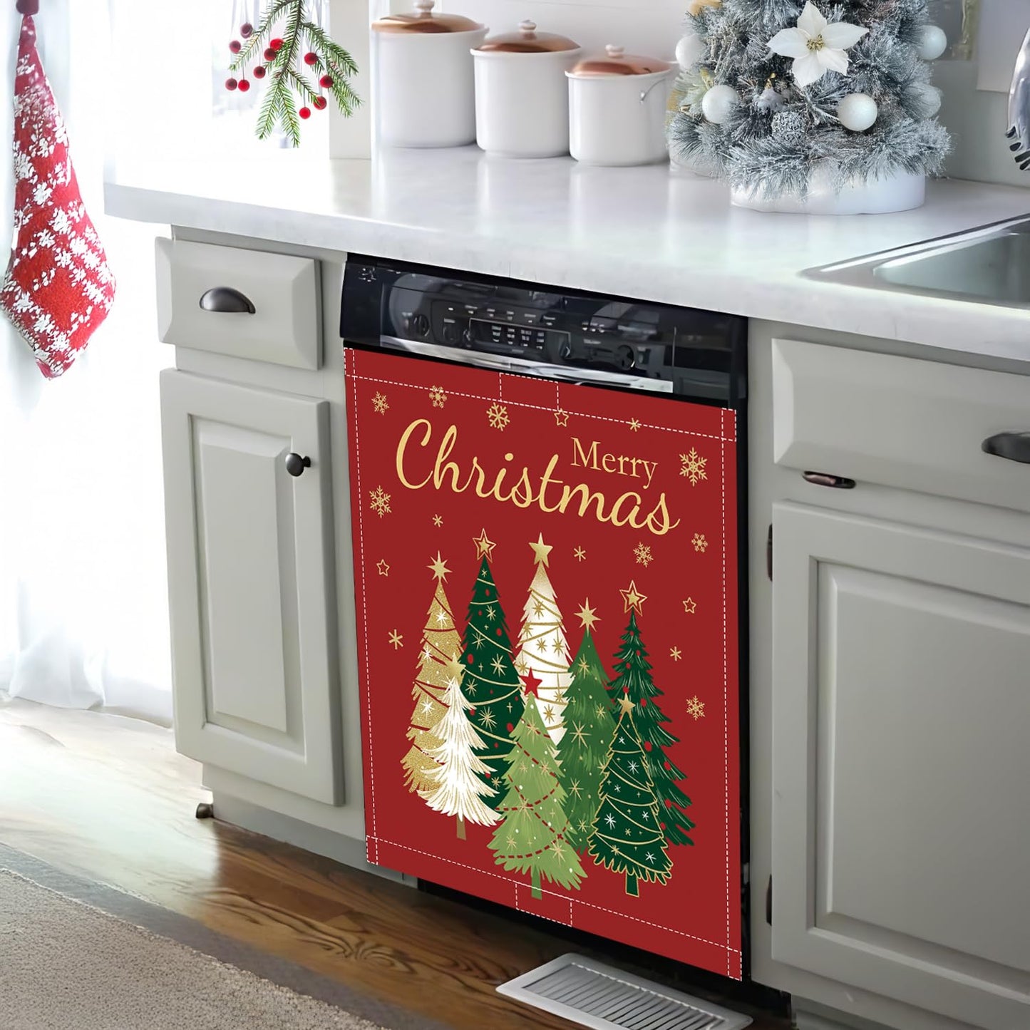 Christmas Tree Magnet Cover 23x26in Merry Christmas Dishwasher Cover for Washers Fridge Panel, Gold Snowflake Magnetic Covers for Kitchen, Reusable Cover, Christmas Holly Evergreen Kitchen Decor