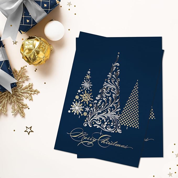 Masterpiece Metallic Christmas 3 Foil Trees Cards / 16 Boxed Winter Holiday Cards With Silver Foil Lined Envelopes / 5 5/8" x 7 7/8" Folded Merry Christmas Greeting Cards With Inside Verse