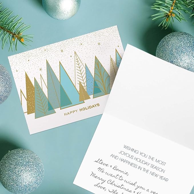 Masterpiece Contemporary Trees Gold Foil Holiday Cards / 15 Boxed Modern Christmas Cards With Shiny Foil Lined Envelopes / 5 5/8" x 7 7/8" Folded Winter Greeting Cards With Inside Verse