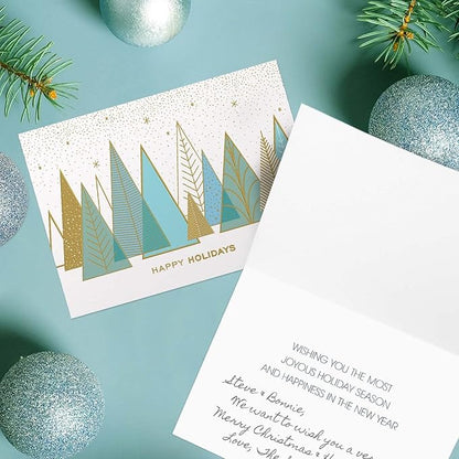 Masterpiece Contemporary Trees Gold Foil Holiday Cards / 15 Boxed Modern Christmas Cards With Shiny Foil Lined Envelopes / 5 5/8" x 7 7/8" Folded Winter Greeting Cards With Inside Verse