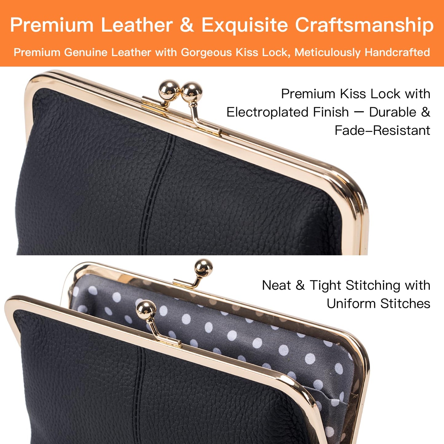 Leather Wallet for Women with Kiss Lock Closure, Multiple Card Slots, Smartphone Holder, 8.07 x 4.72 Inches (Black)