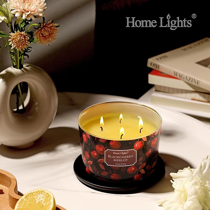 HomeLights Soy Wax Candles for Home Scented, 4-Wick Candles in Blackcherry Merlot Scented, Aromatherapy Candles Gift for Parties, Relaxing, Eclectic Mixed Styles, 18oz
