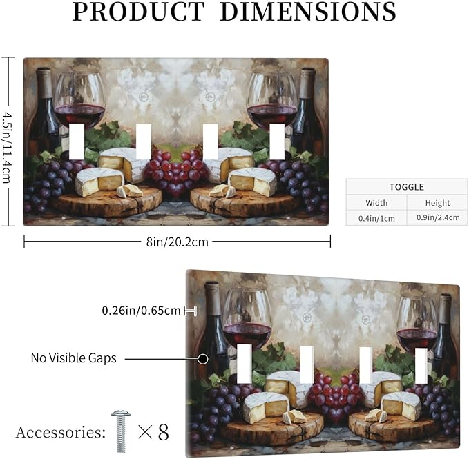 Decorative Art Light Switch Covers Wineglass & Artisanal Cheeses Quad Toggle 4 Gang Wall Plate Switch plate Electrical Faceplate for Home Decor