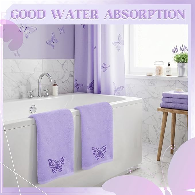 2 Pcs Butterfly Hand Towels Light Purple Bathroom Decor 14x29 Inch Embroidered