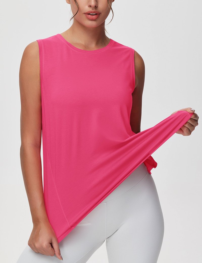 THE GYM PEOPLE Women's Workout Tank Tops Loose Fit Sleeveless Breathable Yoga Shirts with Side Slits Bright Pink