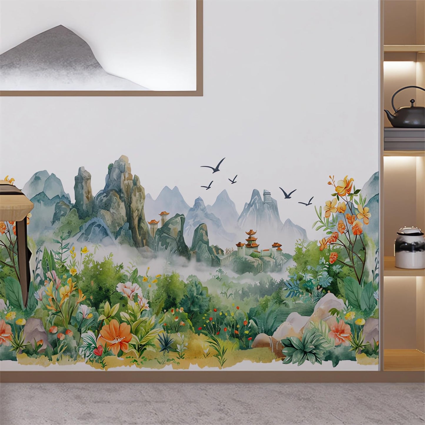 Chinese Style Landscape Painting Circulation Collage Wall Stickers, sacinora Landscapes Flower River Bird Wall Decal Removable Vinyl Peel and Stick for Living Room Tea Room Background Home Decoration