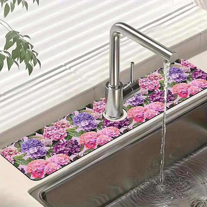 Colorful Hydrangea Kitchen Sink Splash Guard Faucet Mat Purple Pink Hydrangea