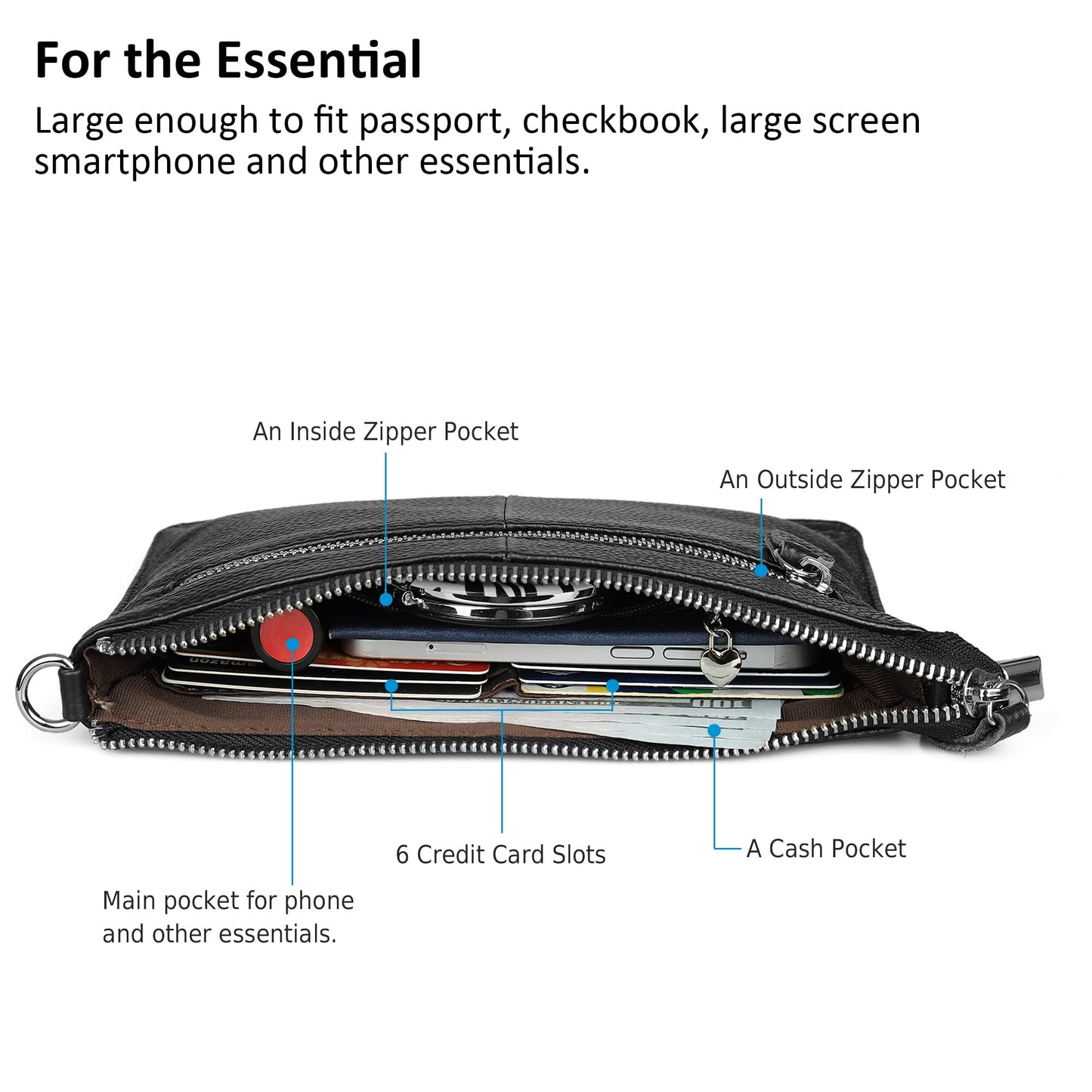 befen Black Women's Genuine Leather Wristlet Clutch Crossbody Phone Bags Wallet Purses and Handbags for Women with RFID Card Slots, Fit Phone 14 Pro Max