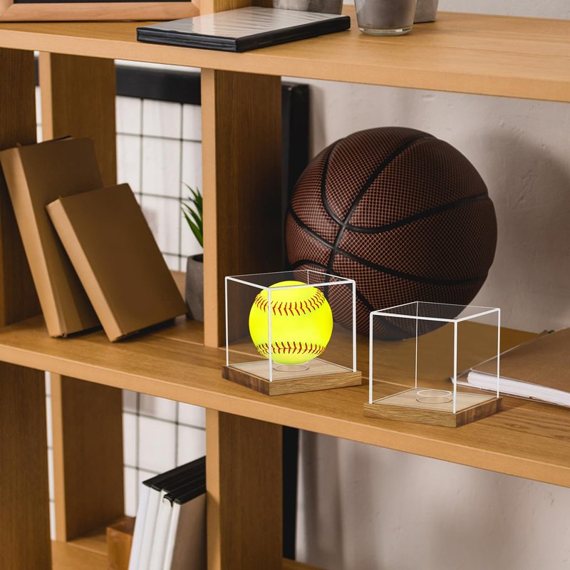 2 Pack Clear Acrylic Softball Display Case with Wood Base, Memorabilia Stand Cube Holder, Dust Protection Transparent Storage Box for Single Ball Souvenir Softball Collections