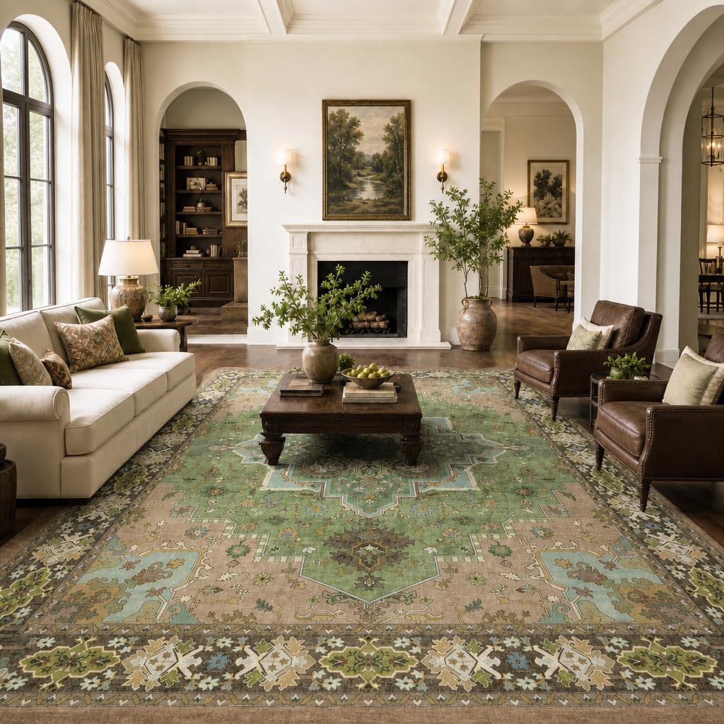 AMADA HOMEFURNISHING 9x12 Area Rug for Living Room, Vintage Washable Area Rug Low-Pile & Non-Slip Carpet for Bedroom Dining Room Nursery Home Office, Green