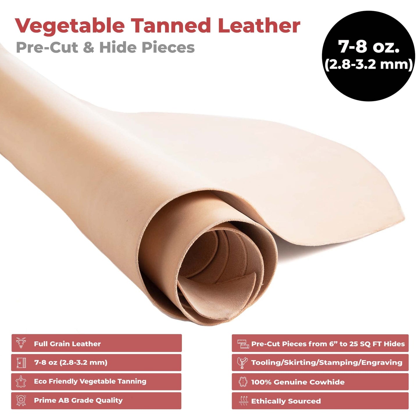 ELW 7-8 oz.(3-3.2 mm) Thickness Pre-Cut Square 8"x24", Tooling Leather Vegetable Tanned Full Grain Leather - Cowhide Leathercraft for Holsters Knife Sheaths Coasters Molding Emboss Stamp Cases