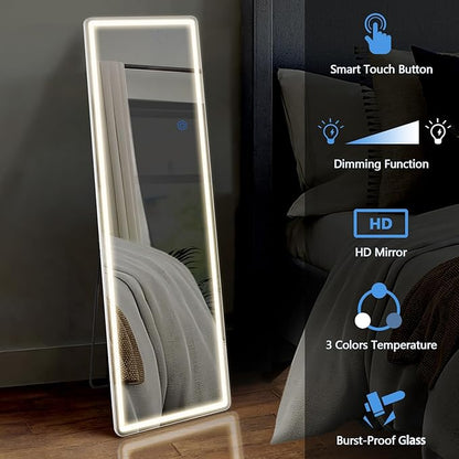 OLIXIS 16"x 60" LED Full Length Mirror with Lights, Standing Lighted Floor Full Body Mirror with 3 Color Lighting, Wall Mounted Mirrors for Bedroom, Home, Entryway with Tempered Glass