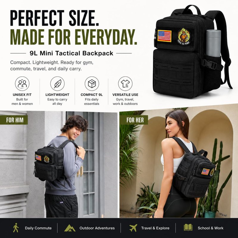 flipfit 9L Mini Tactical Backpack Small Military Gym Bag for Men Women Molle Daypack Camping Backpack with Patch (Black)