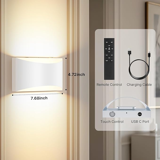 FOLKSMATE Battery Operated Wall Sconces Set of 2, White Rechargeable Wireless Remote & Touch Control Wall Lamps, 3 Color Temperatures, Cordless Dimmable Lamp for Bedroom, Living Room, Hallway