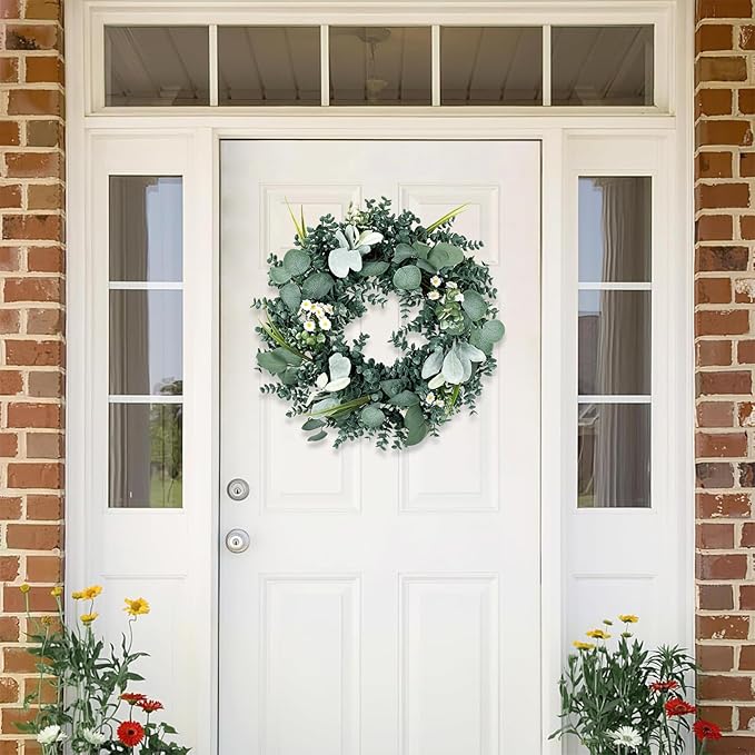 Wreath for Front Door, 18 Inch Spring Summer Eucalyptus Wreaths, Handmade Greenery Wreath All Season for Outside Window Wall Festival Farmhouse Indoor Outdoor Party Holiday Wedding Home Decor