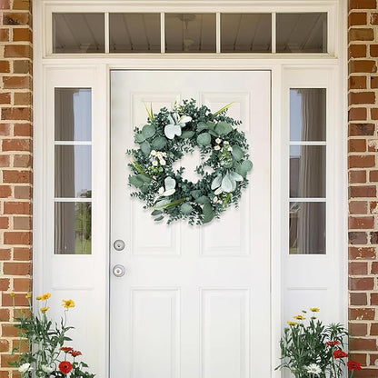Wreath for Front Door, 18 Inch Spring Summer Eucalyptus Wreaths, Handmade Greenery Wreath All Season for Outside Window Wall Festival Farmhouse Indoor Outdoor Party Holiday Wedding Home Decor
