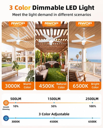 NWOP 28 Inch Plug-In Outdoor Ceiling Fan with Light and Remote, Waterproof Small Ceiling Fan for Patio Porch Balcony, 5 Blades Quiet Compact Ceiling Fan for Small Spaces, White