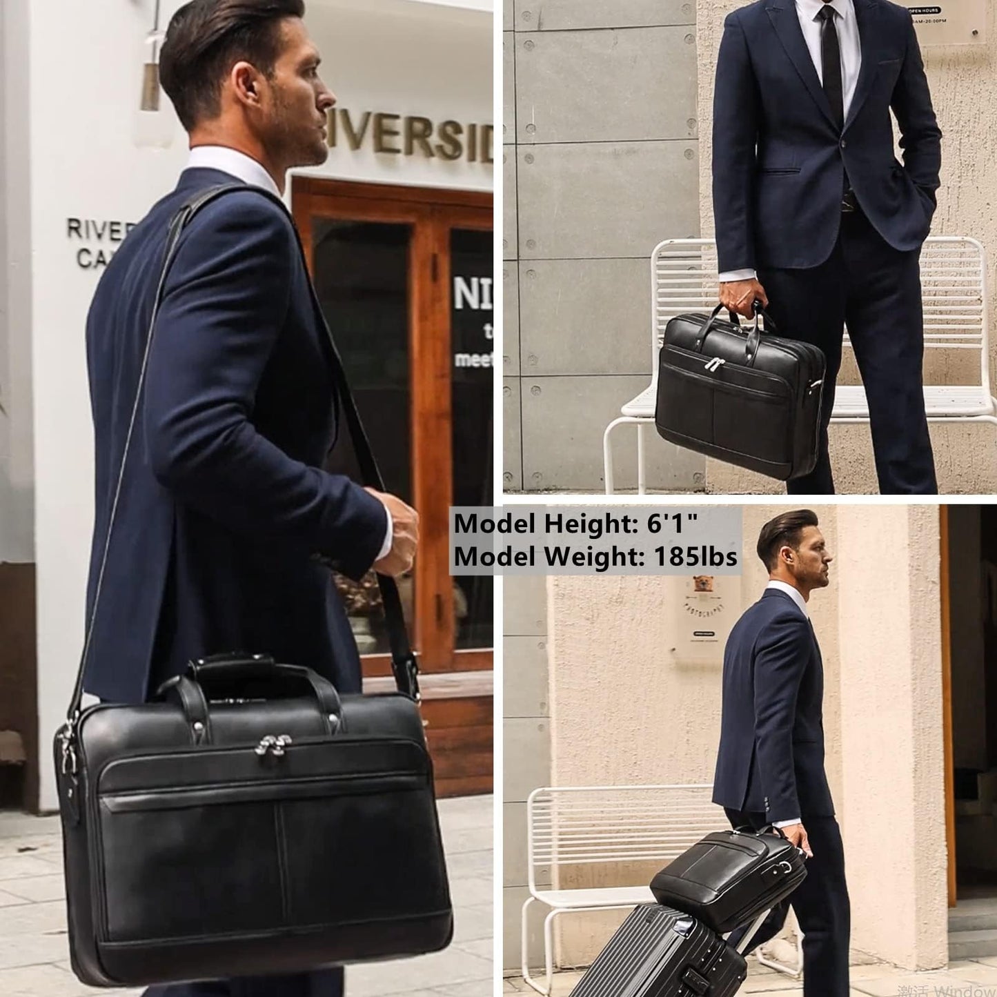 Masa Kawa Leather Briefcase for Men 17 Inch Laptop Crossbody Shoulder Messenger Office Bag Black Attache Case Handbag for Business Travel Work Lawyer Large
