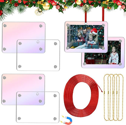 Christmas Photo Ornament Set of 4, 3x2'' Iridescent Acrylic Hanging Picture Frame for Family Photo, Christmas Tree, Holiday Decoration, Multifunctional Magnetic Picture Frames for Car and Fridge Decor