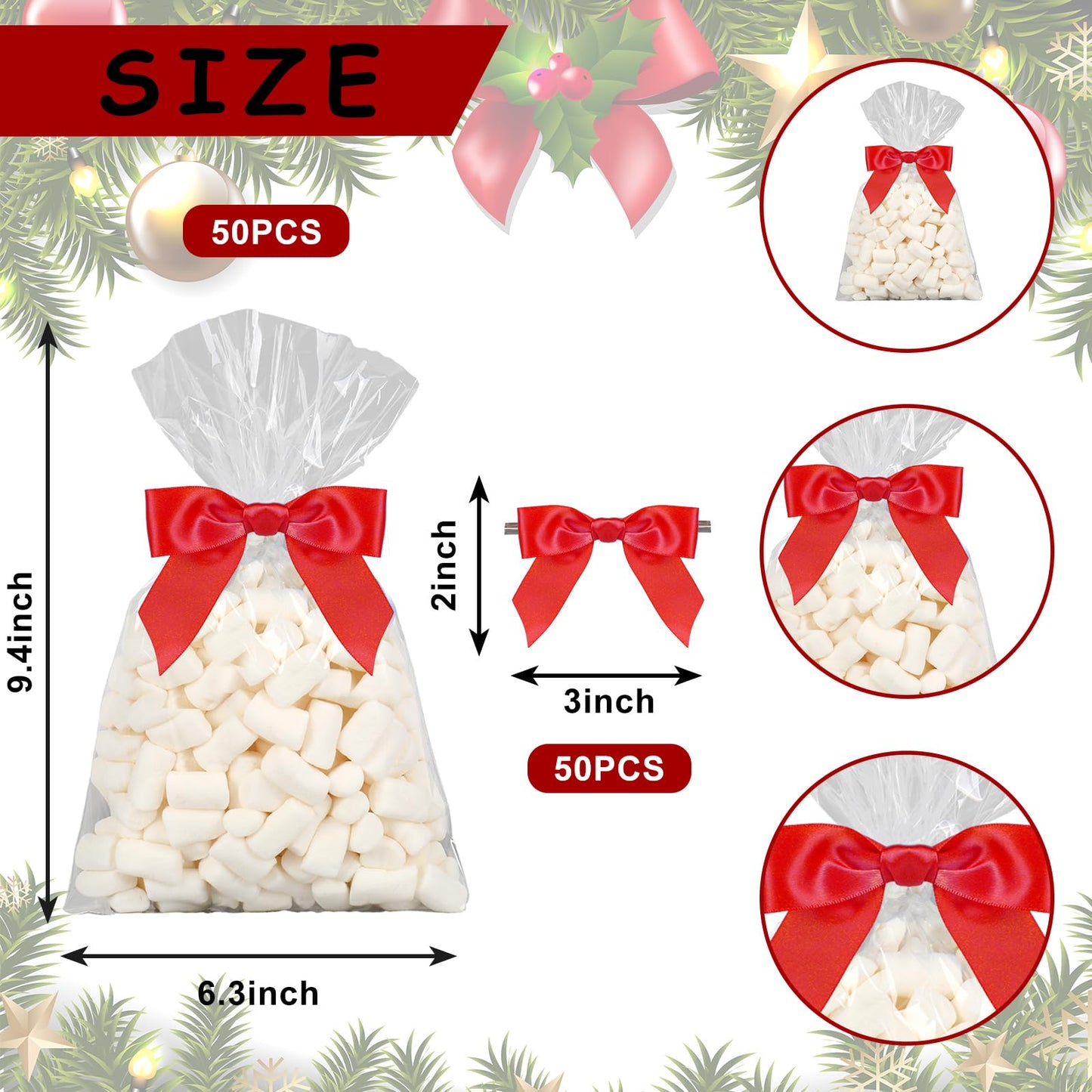 JarThenaAMCS 50Pcs Valentine's Day Clear Cellophane Bag with Red Bow Twist Tie Candy Treat Bags Plastic Goodie Bags for Christmas Xmas Home Party Sweet Snack Cookie Packing