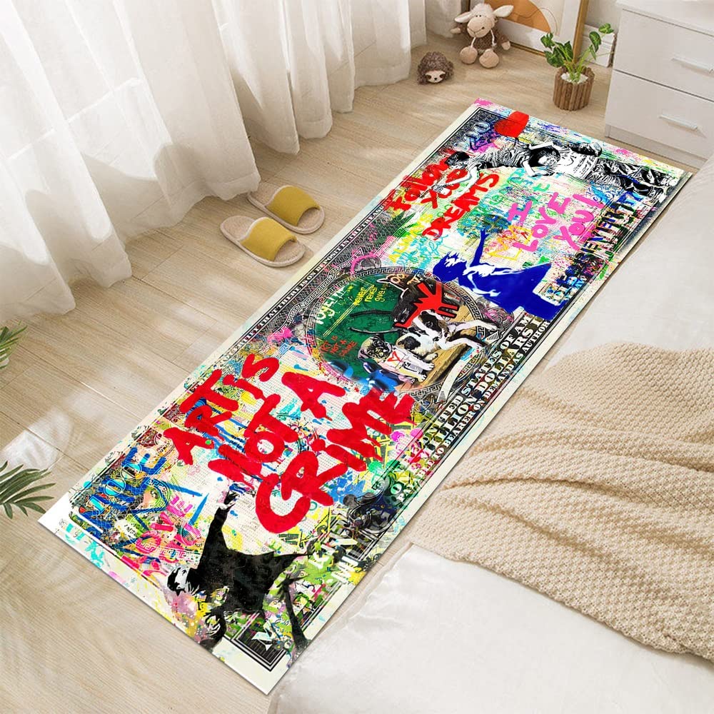 JUST BREATHE Graffiti Abstract Runner Rug 'Follow Your Dreams' Pop Art Street Art Cool Rug Inspiring Money Rugs One Million Dollar Mat Floor Carpet for Bathroom Bedroom Home Office 59"x24"