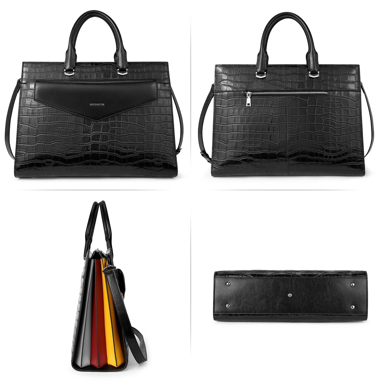 BOSTANTEN Laptop Briefcase for Women 15.6 Inch Tote Bag Genuine Leather Handbag Crocodile Pattern Work Bussiness Bag