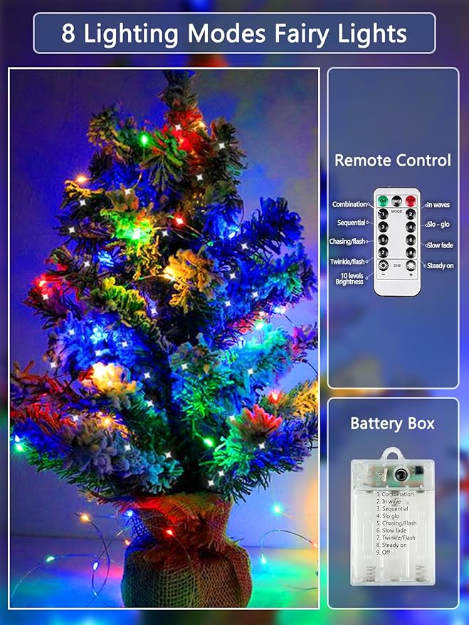 4 Pack Fairy Lights Battery Operated with Remote Control Timer, 26 FT 80 LED String Lights Outdoor Indoor, 8 Mode Twinkle Lights for Christmas Party Wedding Birthday Bedroom Decorations (Multicolor)