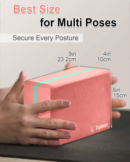 Tumaz Non-Slip Yoga Blocks 2-Pack - High Density/Lightweight EVA Foam & Natural Cork for Stability, Premium Set with E-Book Included