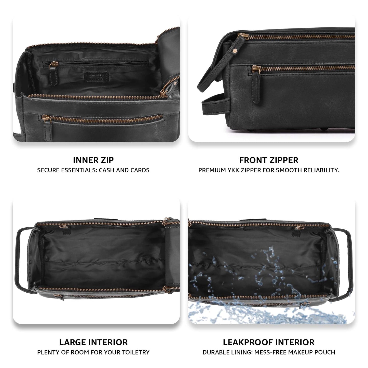 LEATHER VILLAGE Genuine Leather Travel Toiletry Bag - Water-Resistant Dopp Kit for Toiletries, Large Shaving Bag & Bathroom Organizer - Gift for Men & Women - Distressed Black