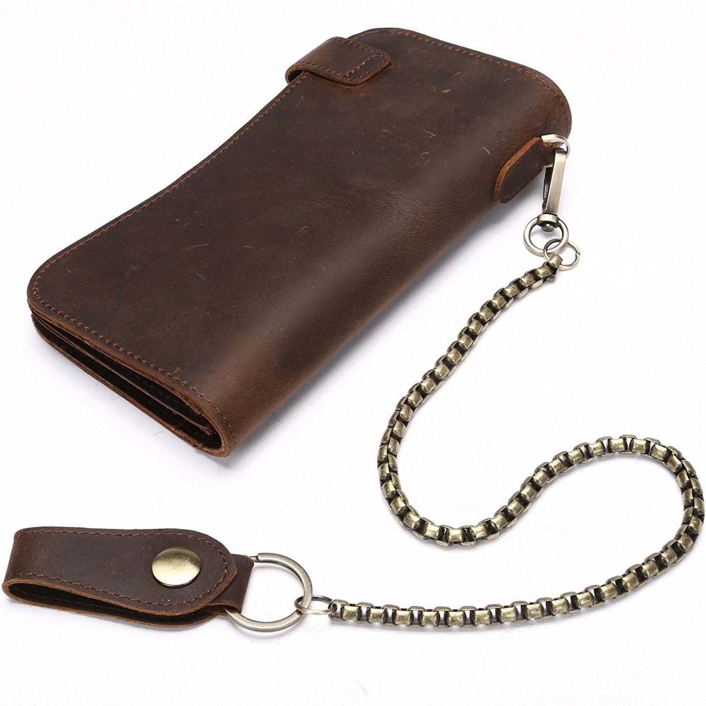 RS Mens Wallet with Chain Leather Long Bifold Trucker Wallet Vintage Biker Money Clip with Zipper(Brown w/Iron Chain)