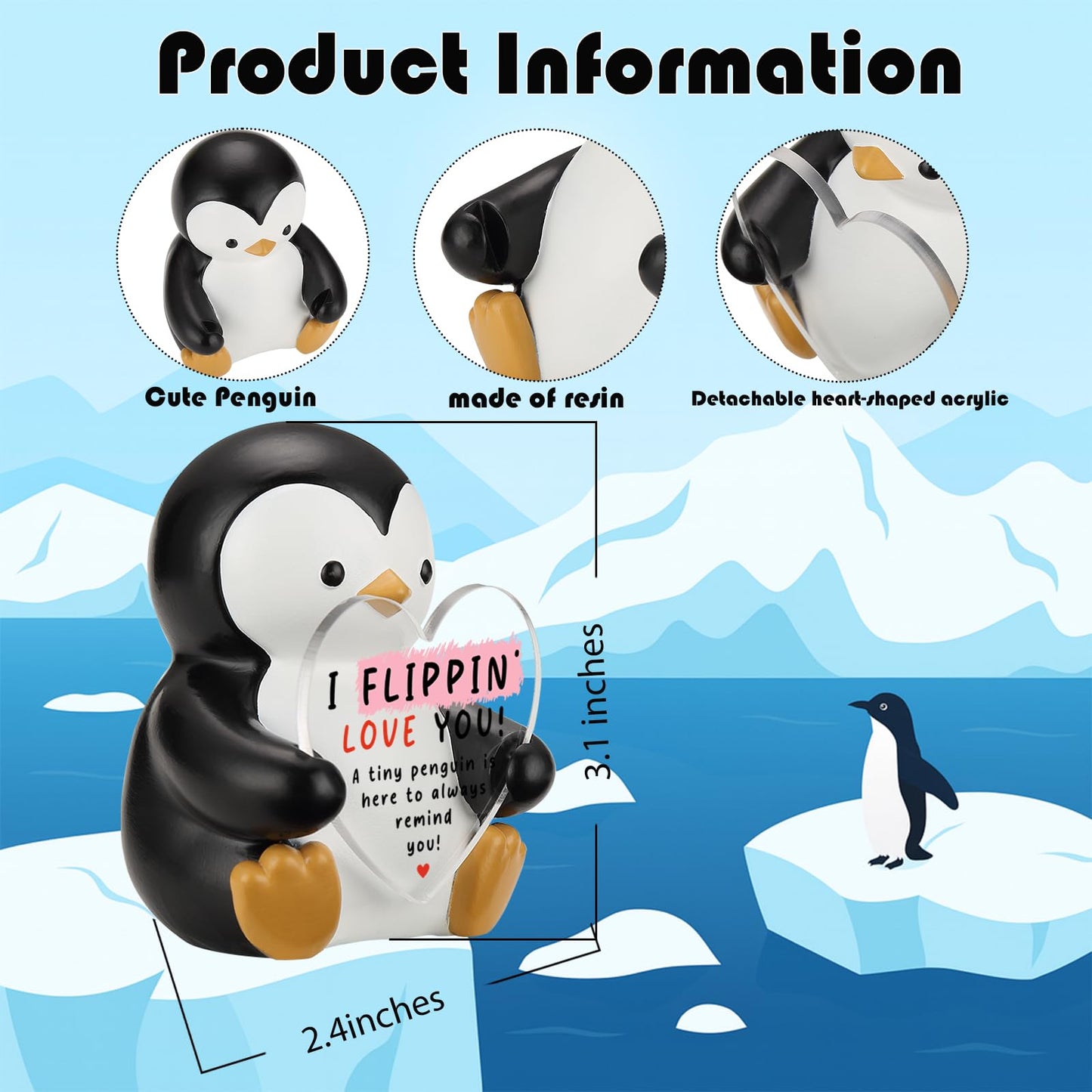 I Flippin’ Love You Penguin Figurine with Heart Plaque, Cute Penguin Collectible Desk Sign, Sentimental Gift for Friend, Family, Coworker, Birthday, Christmas, Anniversary Keepsake ES018