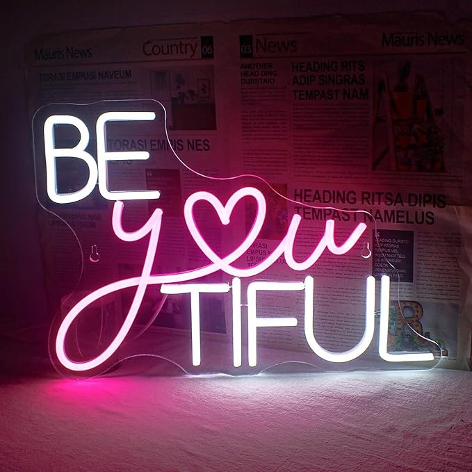 Horseneon Be You Tiful Neon Led Sign, Rectangular Pink Neon Light Sign, 16.5''*11.6'', Wall Mount, Modern Love Theme, USB Powered, Acrylic Material, Perfect for Room Decor, Salon, Party, Gift