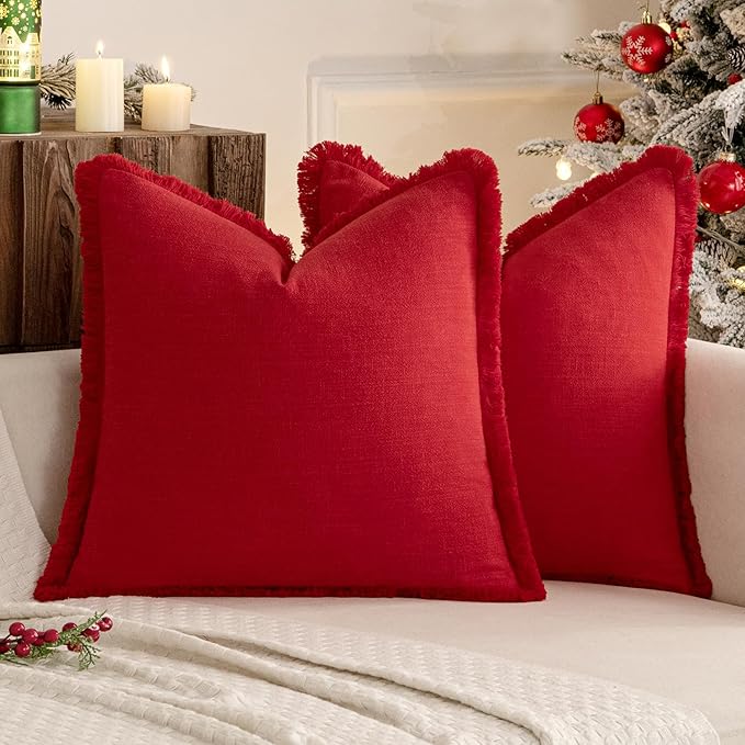 MIULEE Christmas Decorative Throw Pillow Covers Neutral Linen Fringe Throw Pillows Set of 2 Red Boho Farmhouse Cushion Covers with Tassels for Couch Sofa Bed Living Room Spring Home Decor 18x18 Inch