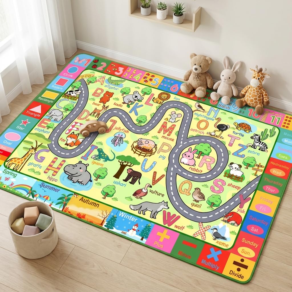 HBUFBUQ Educational ABC Area Rug 2.5x4 Feet Kids Rugs for Playroom Non Slip Alphabet Animals Numbers Shapes Floor Mat for Bedroom Nursery Classroom Boys Girls Learning Carpet