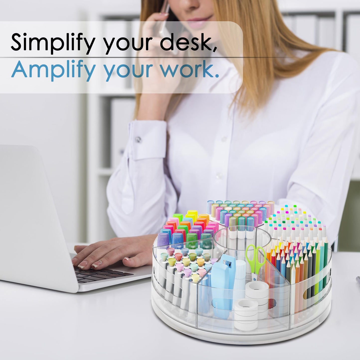CraftGenes Rotating Desk Organizer, 360° Acrylic Pen Organizer for Desk with 7 Removable Compartments, Extra-Large Pen Holder for Office Supplies, Markers, and Art Supplies, Clear Pencil Holder