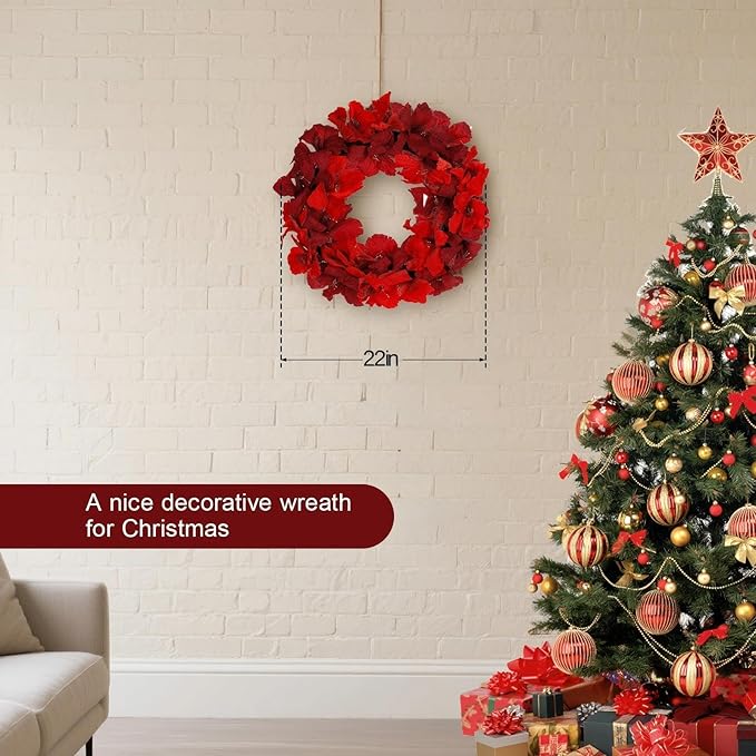 Christmas Wreath, 22-24 Inch Red Amaryllis Floral Wreath for Front Door, Winter Wreath Indoor Outdoor Holiday Decorations for Christmas Winter-unlit