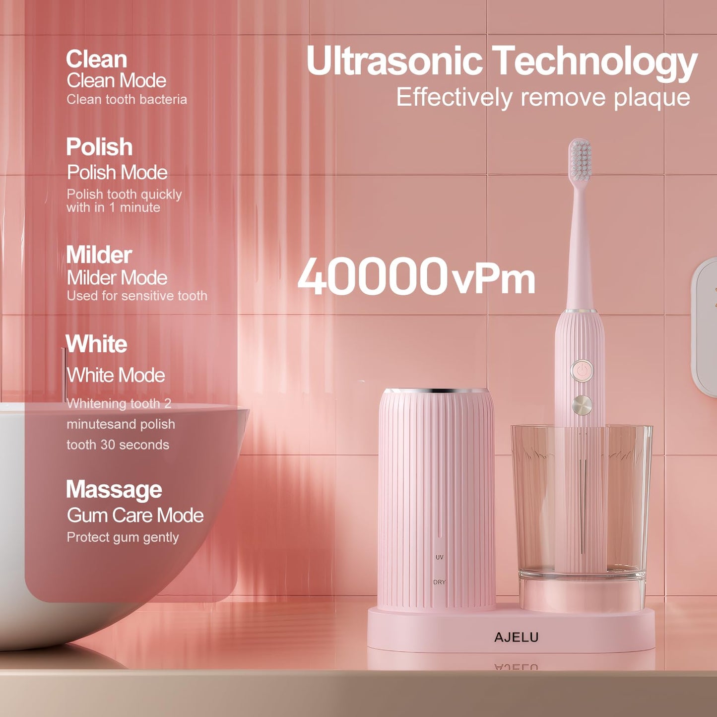 Electric Toothbrush Set with Drying & Sanitizing Holder, 8 Replacement Brush Heads, Transparent Rinse Cup, Smart Timer, USB Rechargeable for Adults