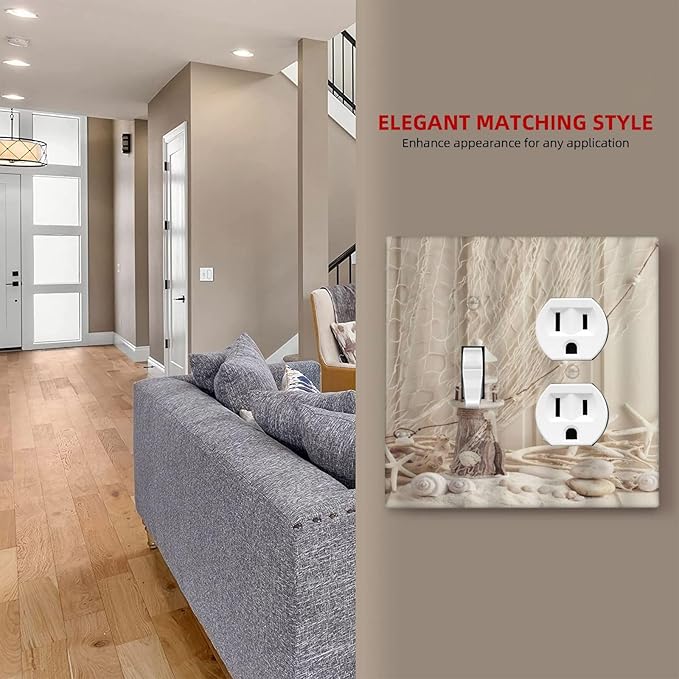 Decorative Light Switch Cover Plate Nautical Coastal Seashell Fishing Net Ocean Lighthouse Starfish 2 Gang Outlet Covers 1 Toggle 1 Duplex Wall Plate Electrical Switch Plate Covers for Bathroom Home