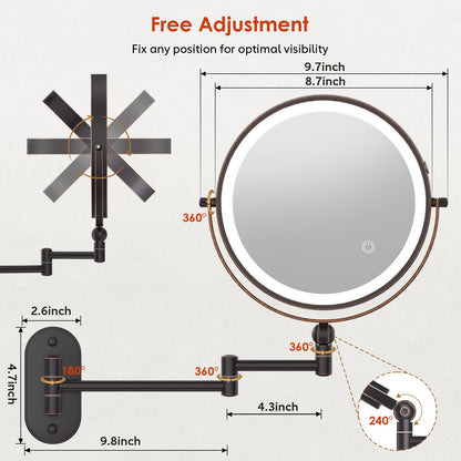 9" Wall Mounted Lighted Makeup Mirror,4000mAh Rechargeable Double Sided 1X/10X Magnifying Mirror with Light,3 Color Lights,Touch Dimmable,Extended Arm 360 Rotation Wall Mounted Makeup Mirror