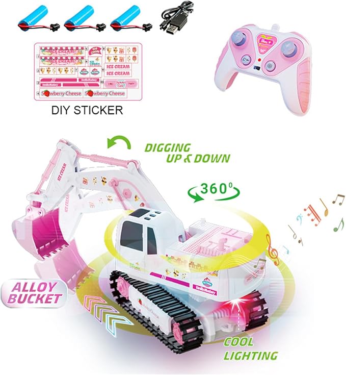 Pink RC Excavator 6 Channel 2.4Ghz RC Construction Vehicle1:24 Scale Pink Excavator Toy with 360° Rotation Light Sound and DIY Stickers Birthday Gift for Teens Adults (3 Battery)