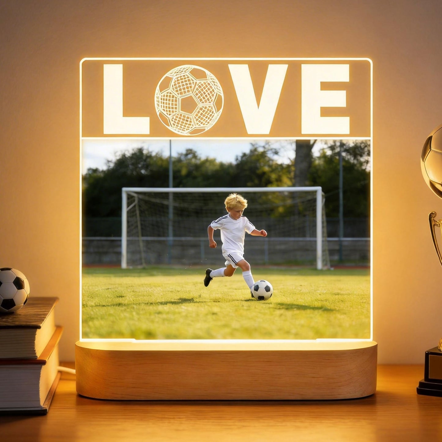 Okayera Light up Picture Frame, Soccer Gifts for Boy Teen Man, Love Football Frame LED Lamp with 4"X6" Photo, Sport Theme Bedroom Tabletop Office Decor, Present for Coach Athlete Fan Athletics