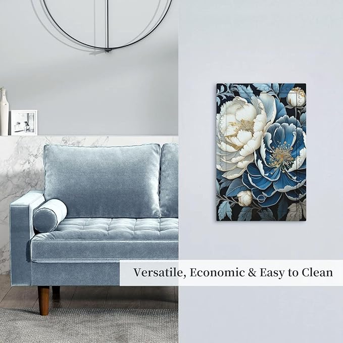 White Blue Flower Peonies Light Switch Covers No Device Wall Plate 1 Gang Decorative Blank Switchplate Electrical Faceplate for Farmhouse Living Bedroom Decor