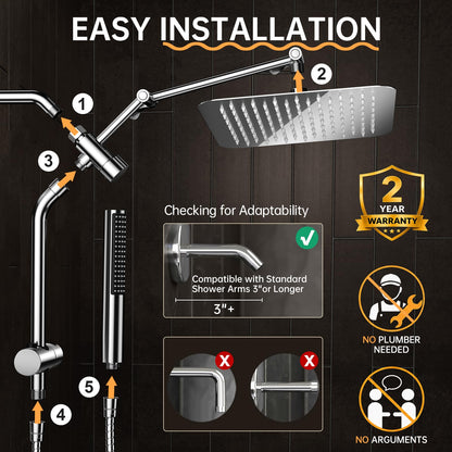 Veken All Metal 10" Shower Head with Handheld, Luxurious Square Double Rain Shower Heads with Spray Combo, Dual High Pressure Detachable Rainfall Showerhead with Extension Arm, Long Hose,Chrome,Sliver