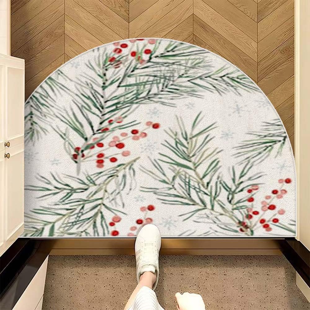 Mrcrypos Christmas Half Round Doormat Xmas Red Berries Non-Slip Semi Circle Area Rug Durable Half Moon Rugs Hearth Fireplace Rug for Living Room Bedroom Holiday Decor 16 x 24 Inch