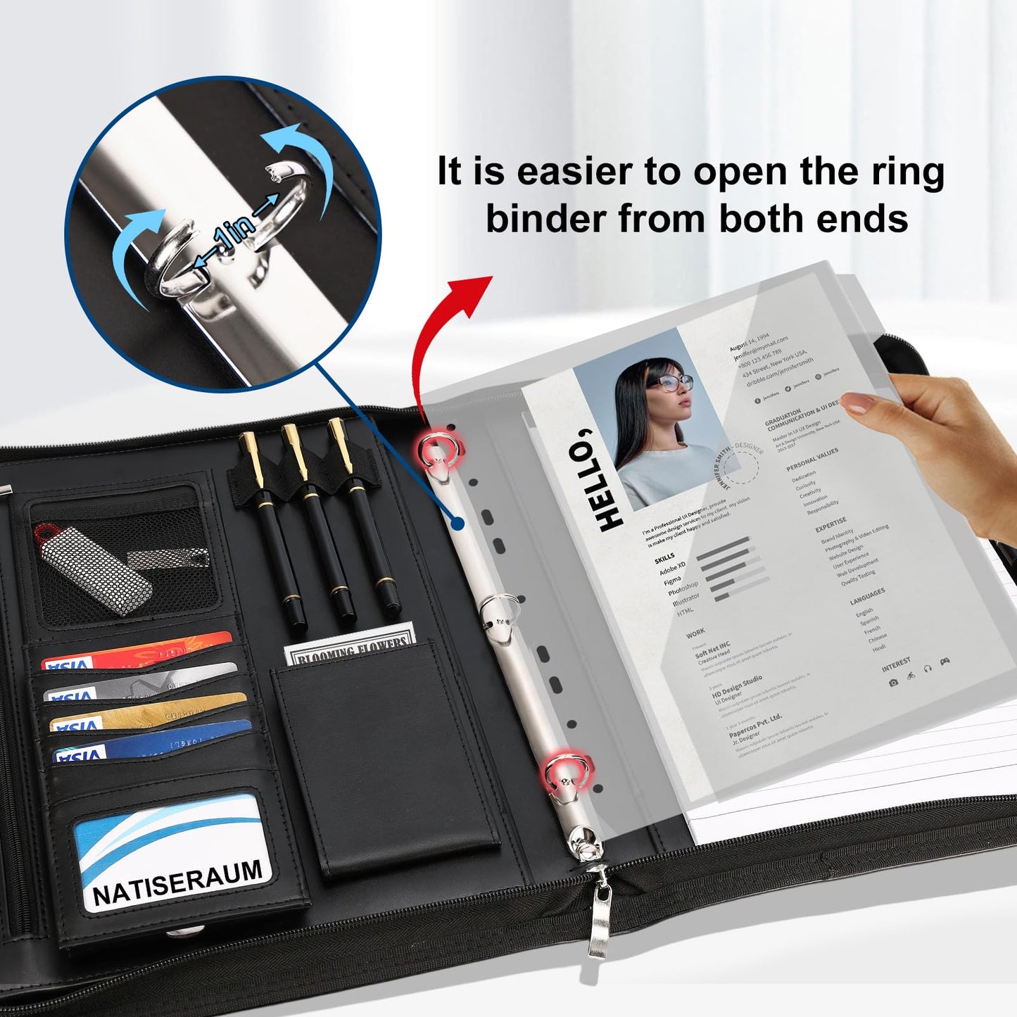 NATISERAUM Portfolio Binder 3 Ring Includes Pen and 5 Dividers with 10 Pockets, Padfolio Organizer with Zipper for Men and Women, Includes A4 Notepad for Business, School, Work
