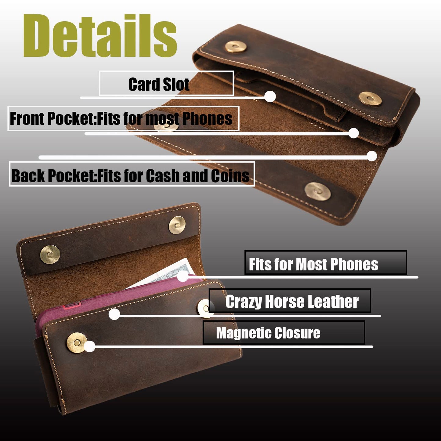 Topstache Belt Clip Leather Phone Holster,Two Pockets Cell Phone Pouch, Leather Card Holder,Wallet for Cash and Phone, Phone Pouch for iPhone 14 Pro,iPhone 14,S22 with Magnetic Closure,L,Darkbrown