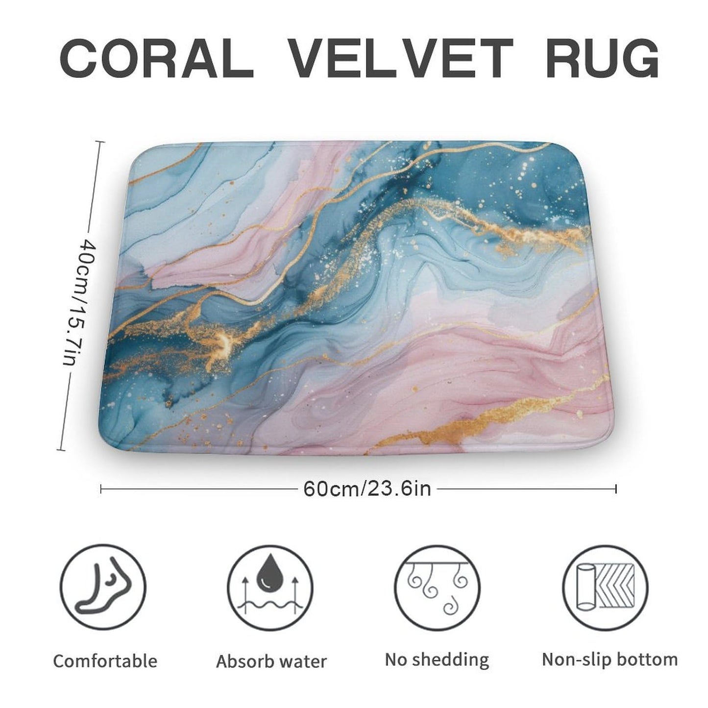 Marble Bathroom Rugs Mat 15.7" x23.6, Modern Luxury Foil Texture Pink Blue Gold Marble Extra Soft Microfiber Bath Rugs, Non-Slip Bath Carpet, Absorbent Bath Mat for Bathroom Floor, Tub and Shower