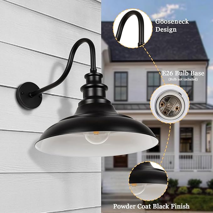 Exterior Farmhouse Gooseneck Barn Light, 16 Inch Vintage Outside Garage Light Fixtures, 3PCS Anti-Rust Waterproof Outdoor Light for Patio Frontdoor Entryway Doorway, Matte Black