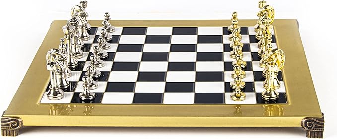 Classic Metal Staunton Chess Set - Brass Nickel Pawns - Gold Black Chess Board