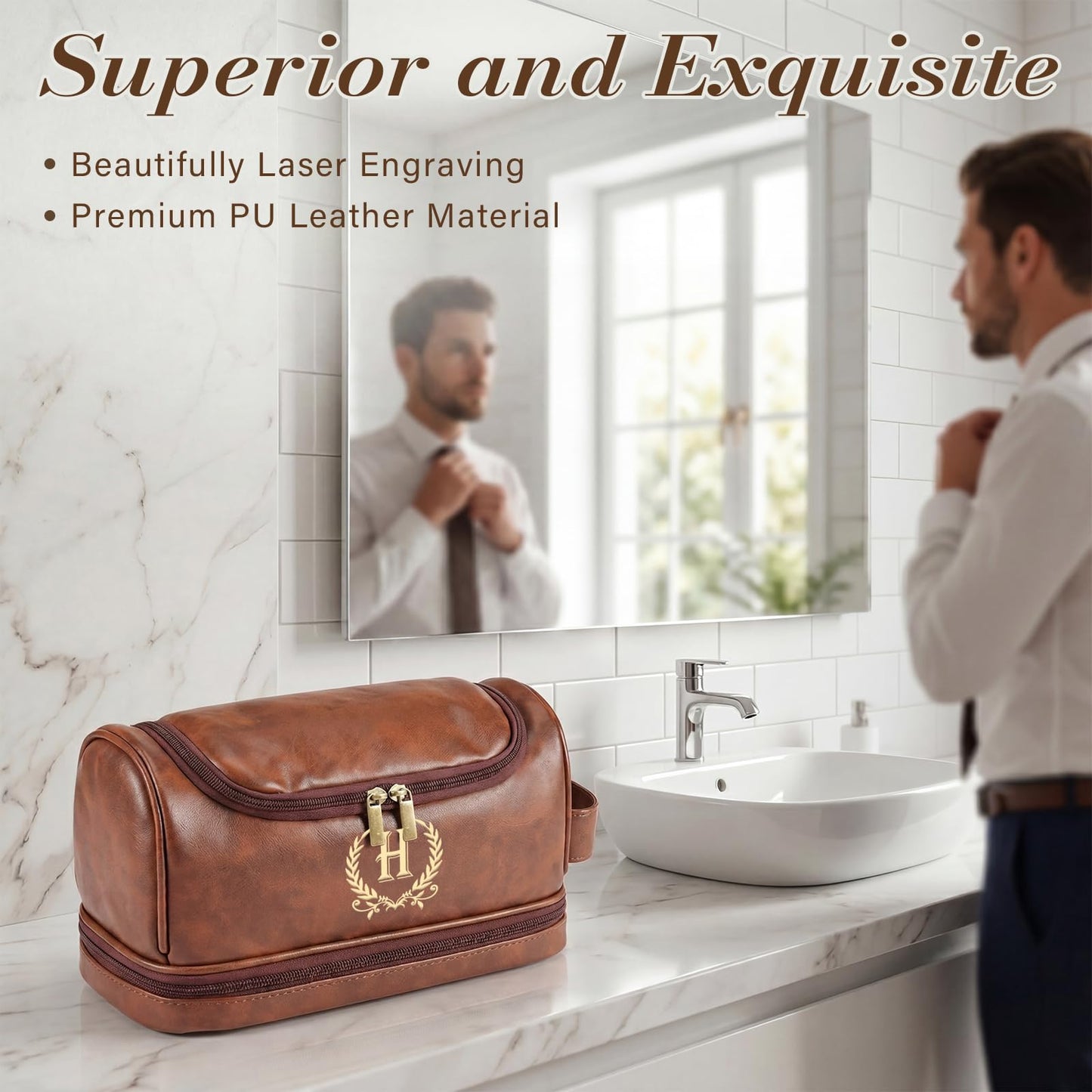 Groomsmen Gifts for Men Travel Toiletry Bag, Personalized Leather Toiletry Bag with Handle & Hook, Water Resistant Shaving Kit Bag for Wedding Party Bachelor Party Favors Bestman Gifts（C）